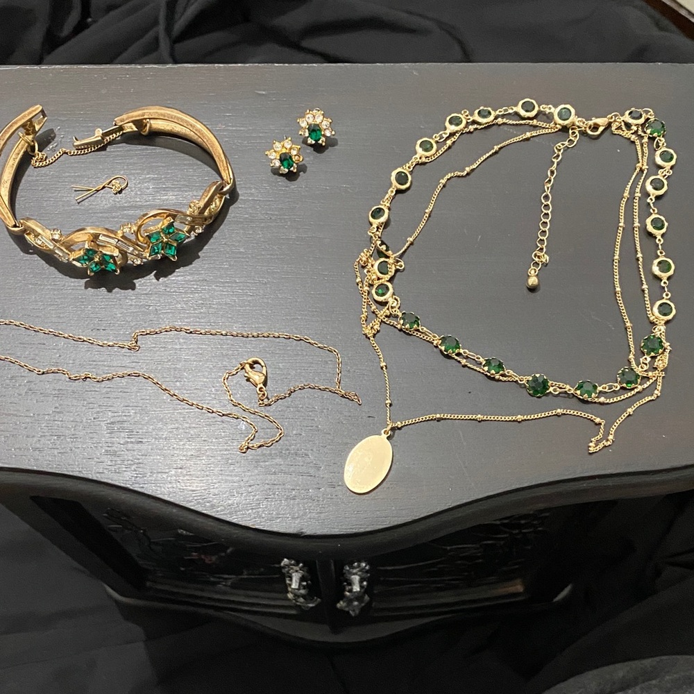 Gold-Tone Green Gem Jewelry Set - Necklace, Bracelet & Earrings